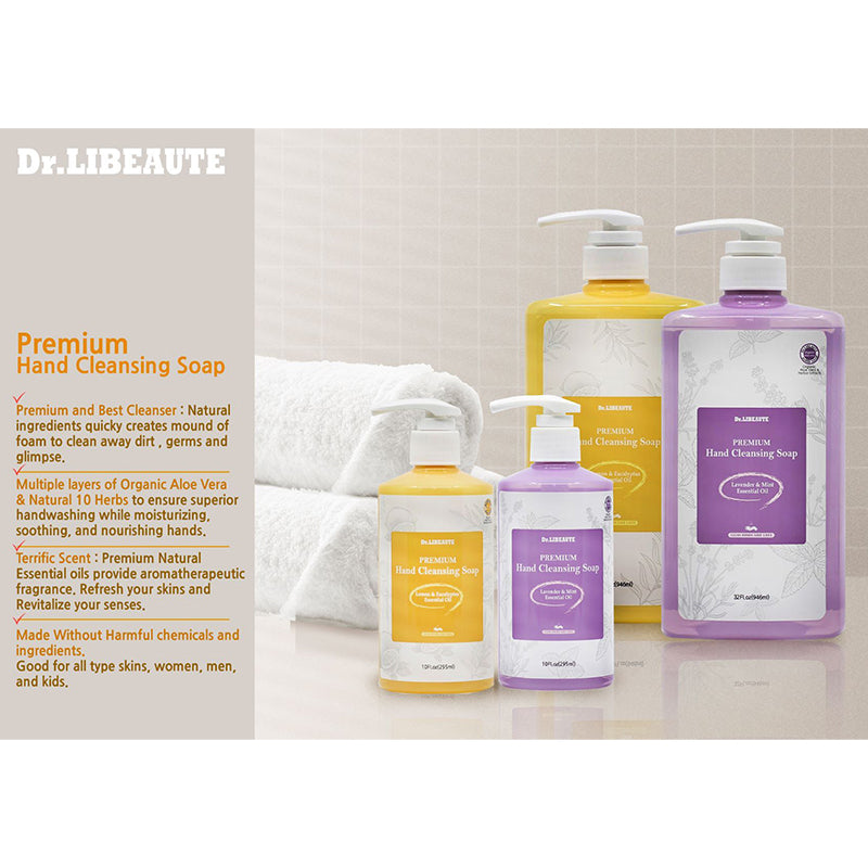 Dr. Libeaute Hand Cleansing Liquid Soap, Eucalyptus & Lemon  10 Fl oz 2 packs + Lavender & Mint 10 Fl oz 2 packs, Total 4 packs